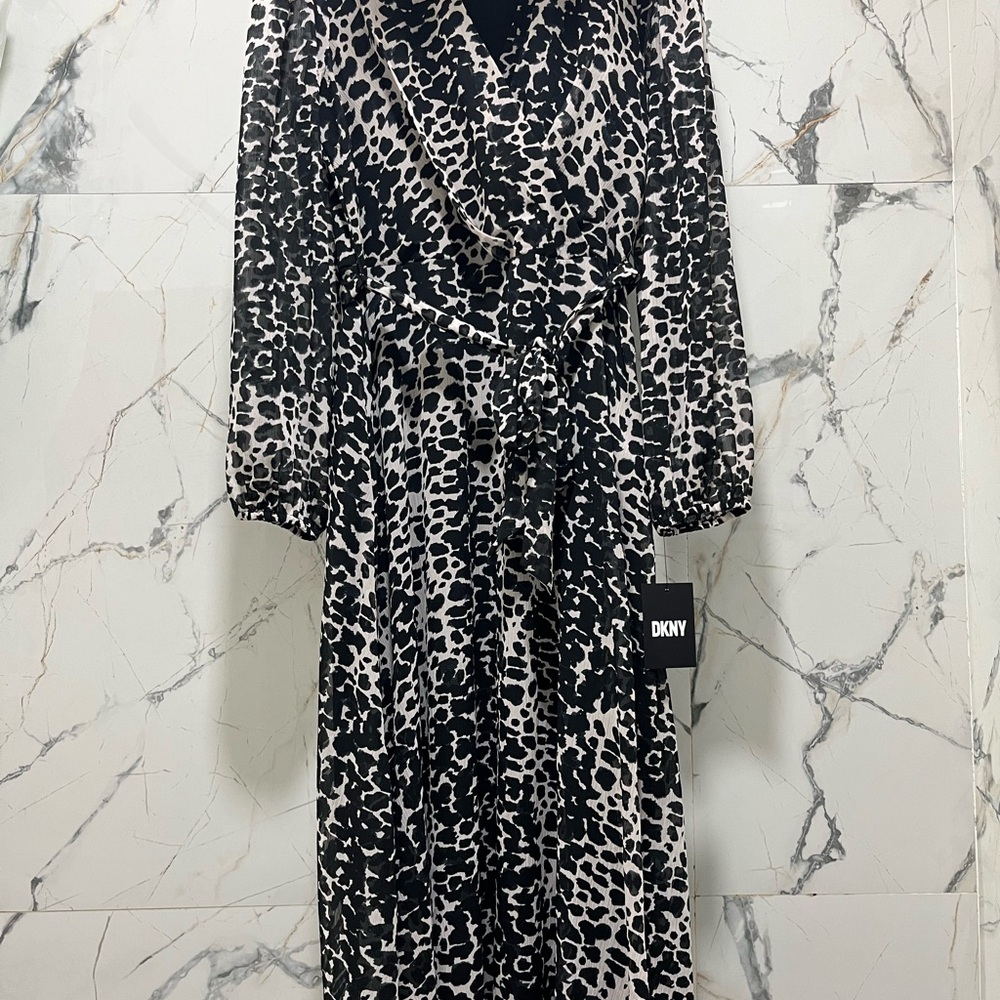 DKNY Black and White Long Sleeve Bishop Collar Dress